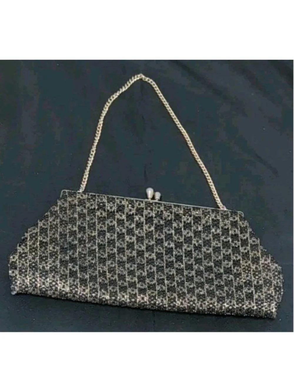 Vintage 50s 60s Geometric Gold Metallic Black Purse Evening Bag Embroider Clutch
